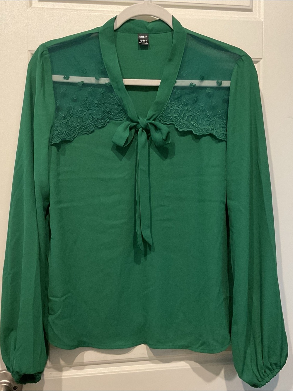 SHEIN Emerald Green Tie-Neck Lace Yoke Blouse
